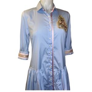 NEW THE SHIRT ROCHELLE BEHRENS shirt dress drop waist embroidered gold owl small